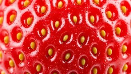 Extreme macro close up shot capturing the vibrant red texture of a fresh ripe strawberry surface densely covered with tiny yellow seeds achenes showing juicy wet details of delicious fruit skin.