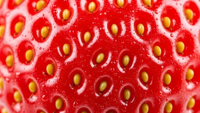 Extreme macro close up shot capturing the vibrant red texture of a fresh ripe strawberry surface densely covered with tiny yellow seeds achenes showing juicy wet details of delicious fruit skin.
