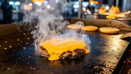 Sizzling cheeseburger patty melting with gooey cheddar cheese on a hot griddle with steam rising and burger buns in the background at a street food stall at night