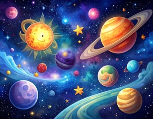 Whimsical illustration of space features a smiling sun, planets with colorful textures, stars, and celestial elements