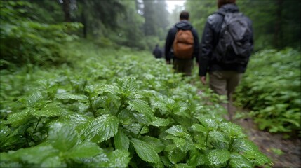 Hikers walk on a wet forest trail surrounded by lush green foliage
