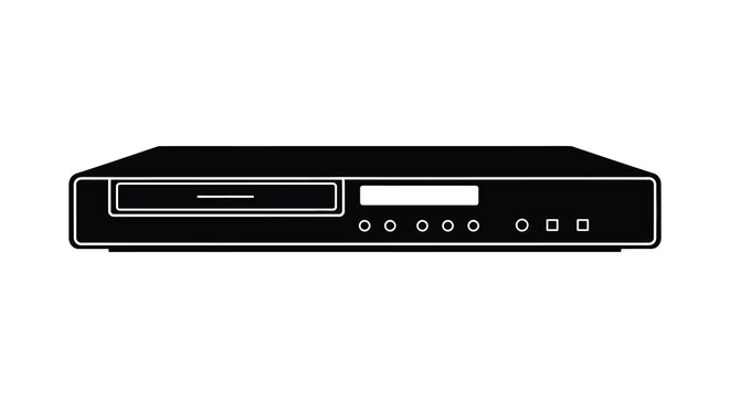 A simple black outline of a dvd player showcasing its classic rectangular design silhouette