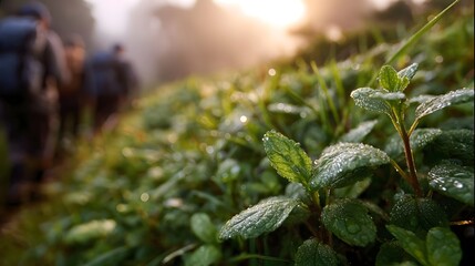 Dew kissed lush foliage glistens under golden hour sun with hikers in a misty morning landscape
