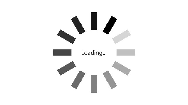 円状に並んだ長方形の色が時計回りのグラデーションで変化していくローディングアイコンのアニメーション。円の中央にLoadingの文字が表示された読込中のマーク。システムやウェブサイト、データの読み込みを示すモノクロのUI