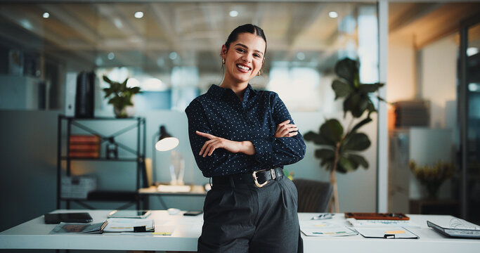Portrait, arms crossed and smile with business woman in office for about us, stock broker advisor and pride. Happy, bokeh and financial consultant with person in agency for career and opportunity