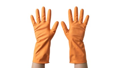 Hands wearing orange protective gloves on black background