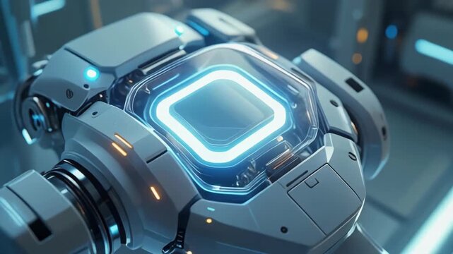 Futuristic robot chest with glowing blue square core technology concept. 4K Abstract Background Animation Video