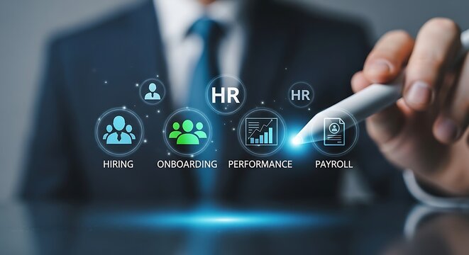 Human resources management concept with digital interface and a pointing hand - Powered by Adobe