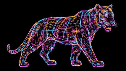 Fototapeta premium Vibrant neon tiger walking against black background