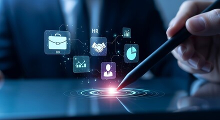 Digital business solutions a hand interacting with holographic interface icons