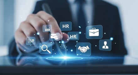 A person interacting with a digital interface showcasing human resources icons