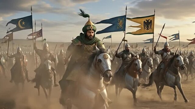 Saladin leading his elite armored army into a fierce medieval battle