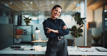 Portrait, arms crossed and professional with business woman for about us, stock broker advisor and...