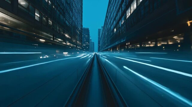 Cinematic Time-Lapse Journey Through Urban Metropolis with Electric Blue Streaks on Roads Reflecting Cityscape Light at Twilight 183