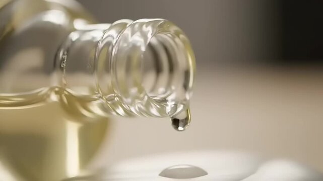 Captivating close-up of a drop of nourishing coconut oil falling from a bottle onto a pristine surface
