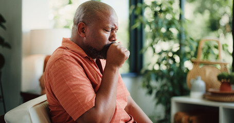 Sick, cough and mature black man in home with chest pain, infection or breathing issue from lung...