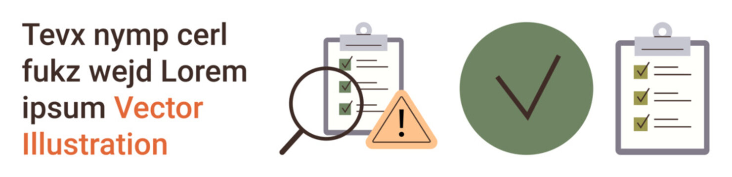 Task management, data quality, error detection, work verification, compliance, risk assessment. Clipboards with lists, magnifying glass warning sign green check mark. Task management and data