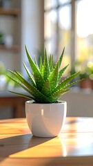 Aloe vera plant in a white pot sits on a wooden table, sun streaming from window