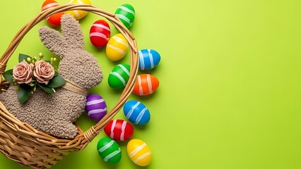 Easter bunny decoration with striped eggs in a basket on a green background