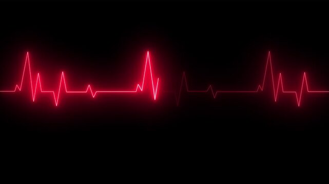 Neon glowing  heartbeat and pulse rate animation. red color heartbeat monitor ECG line monitor showing heart pulse 4k black background