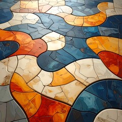 Abstract tile floor with organic shapes, painted in blue, orange, red and cream, split by cracked lines