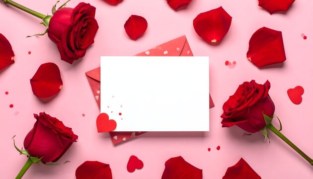 Rosas rojas y p&eacute;talos sobre fondo rosa con espacio en blanco para texto
