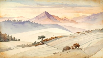 Watercolor landscape painting of mountains, with hills in the foreground and a warm sunset glow