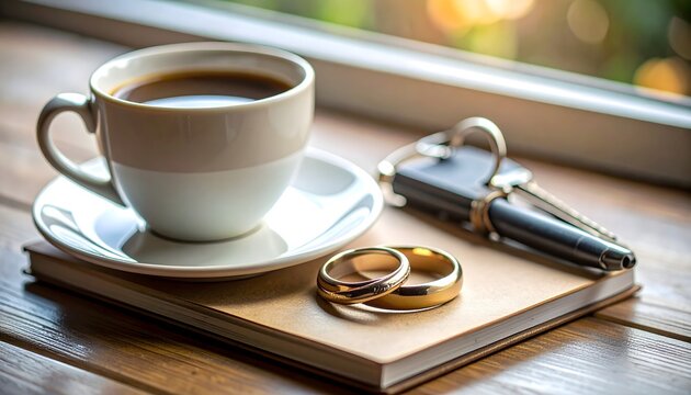 Anillos de compromiso sobre cuaderno junto a taza de caf&eacute; en ambiente acogedor