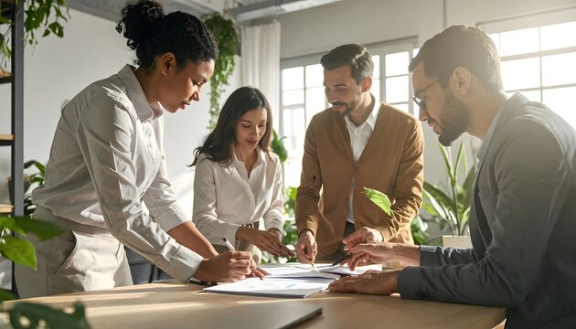 Equipo profesional diverso colaborando en proyecto empresarial en oficina luminosa