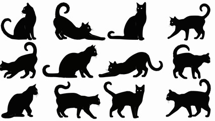 Collection of Black Cat Silhouettes in Various Poses.