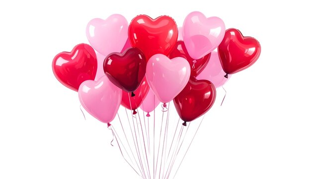 Ramo de globos en forma de coraz&oacute;n rojos y rosas flotando sobre fondo blanco