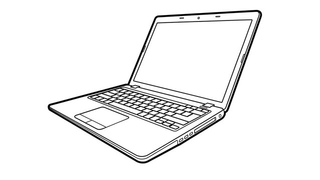 A line drawing of an open laptop computer - Powered by Adobe