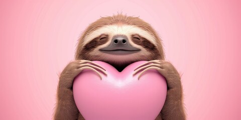 Fototapeta premium Adorable Sloth Embracing a Pink Heart on a Vibrant Pink Background, Symbolizing Love and Tenderness