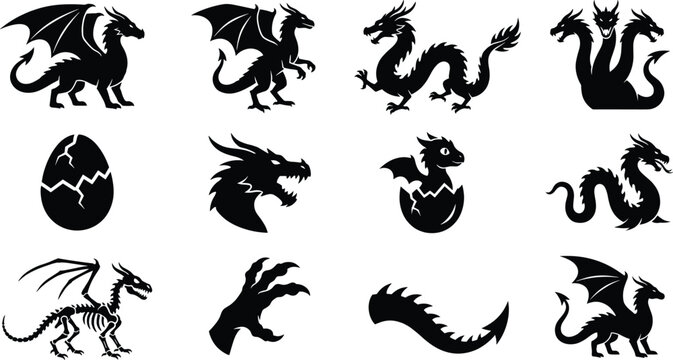 Dragon Silhouette Vector Set - Hydra, Hatchling Egg, Skeleton, Claw, and Flying Beast Icons
