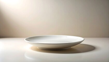 Plato blanco minimalista de cer&aacute;mica sobre fondo neutro con luz suave y sombras delicadas