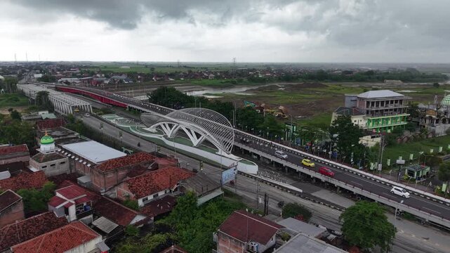 Aerial view of Kudus gate, the city of kretek, cloudy weather and smooth traffic.