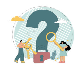 Searching for answers to question. A woman and a man ask questions and receive answers. The man holds the keys to the lock, and the woman examines a question mark through a magnifying glass