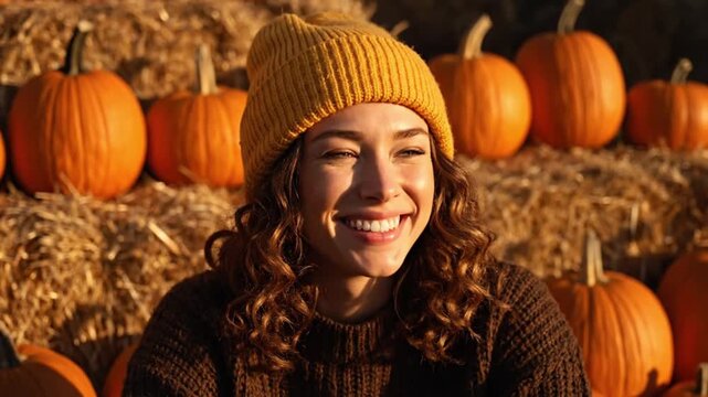 A cheerful young woman in a cozy knit hat smiles warmly amidst a vibrant autumn backdrop of pumpkins and golden hay bales. Her genuine expression of happiness captures the essence of the fall season, 