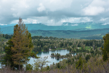 Scenic view from lush thickets and coniferous trees to big wood lake against hilly vastness far away in low clouds. Dramatic alpine scenery with cabin on shore of long forest lake under cloudy sky.