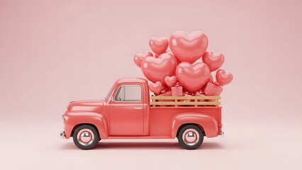 Vintage pink truck filled with pink heart balloons and gift boxes on a pink background