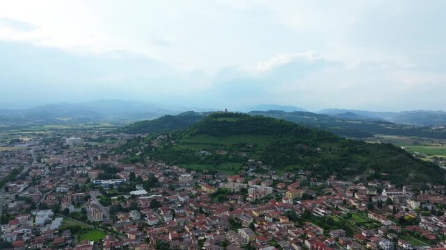 amazing aerial journey toward Castello di Giulietta on a dramatic day, Montecchio Maggiore, Italy at its historical best