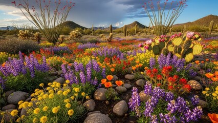 Vibrant desert wildflowers bloom in a rocky arid landscape with cacti and mountains in the background under a partly cloudy blue sky with nature and outdoor with scenic