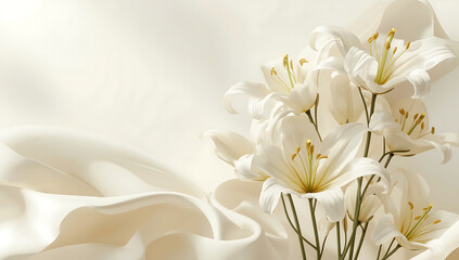 Obraz premium serene 3d lily flower arrangement set against soft background, elegant white floral decor concept, minimal botanical still life, calm luxury aesthetic, refined natural composition