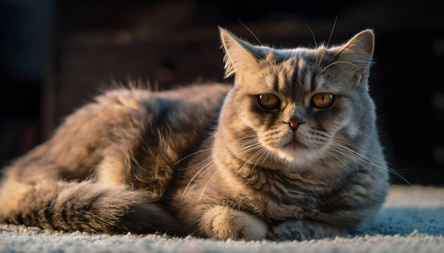 Fluffy grey and brown cat on carpet. Suitable for pet care, animal products, cozy home decor, felinethemed designs, and pet blogs.