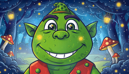 Green goblin in enchanted forest with mushrooms and lights. Suitable for fantasy concepts, book covers, and halloween designs. Enchanting fantasy scene.