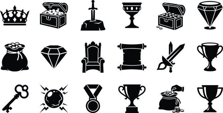 Medieval RPG Treasure and Loot Icons - Chest, Crown, Sword in Stone, Trophy, and Gemstone Set
