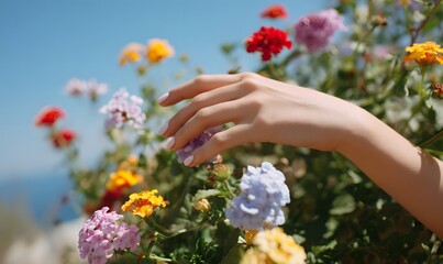 Fototapeta premium close-up of a beautiful female hand touching colorful flowers on a sunny day