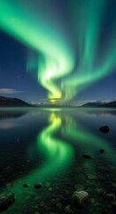 Naklejka premium Stunning Aurora Borealis Display Over Calm Lake Reflecting Vibrant Colors.