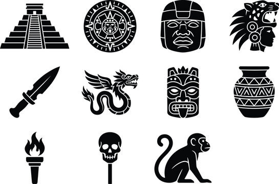 Ancient Aztec and Mayan Artifact Silhouettes - Pyramid, Totem Mask, Warrior, and Quetzalcoatl Icons
