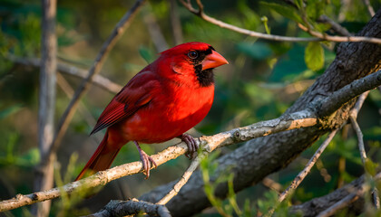 Male northern cardinal on tree branch, suitable for naturethemed designs and products. Invokes peace and tranquility.